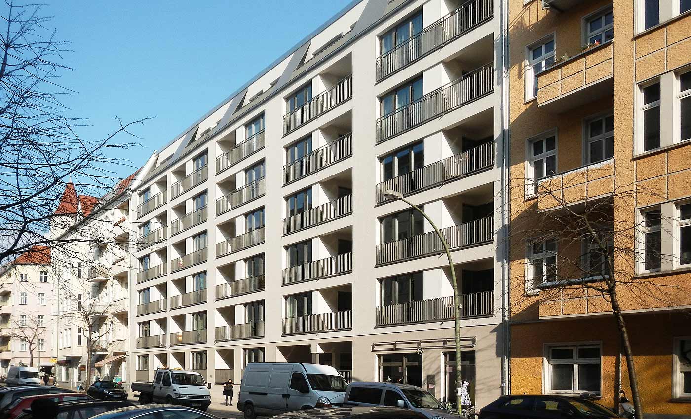 gae89 Ansicht Strasse Wohnungsneubau Gaertnerstrasse Berlin Kai Schreiber Architekt Berlin